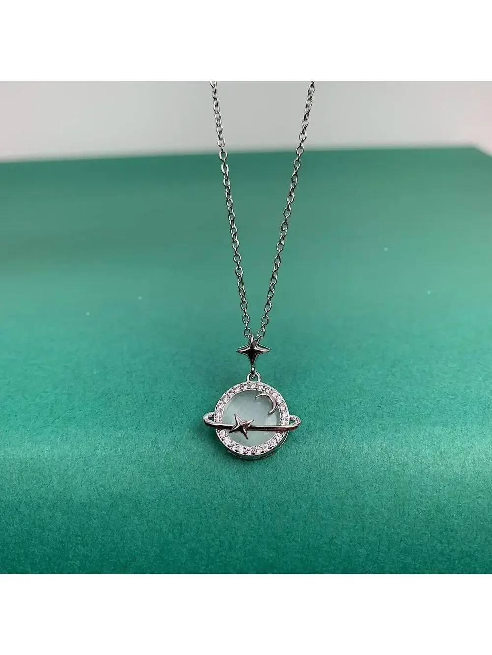 Cyber Y2k silver opal planet pendant opium necklace. Cool design. Chain is